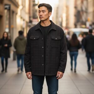 UTEX Wool Quilted Lined Plaid Shirt Jacket Hand Pockets Large